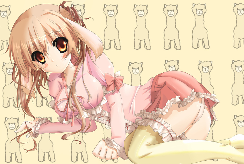 1girl animal_ears blush bow breasts brown_eyes brown_hair bunny_ears dress heart highres large_breasts lolita_fashion lying nekogoya original panties pantyshot pink_dress ribbon short_hair simple_background sleeves_past_wrists solo sweet_lolita thighhighs twintails underwear