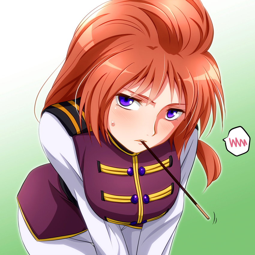 blue_eyes blush breasts face food gradient gradient_background green_background gundam gundam_unicorn highres leaning_forward long_hair looking_at_viewer marida_cruz medium_breasts mouth_hold orange_hair pocky pocky_day solo spoken_blush sweatdrop watarui