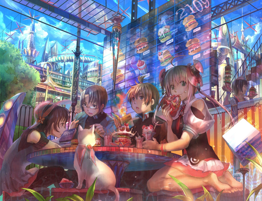 2girls barefoot cat city drink eating feet food fuji_choko glasses green_eyes hamburger hat holding_pizza hologram kneeling multiple_boys multiple_girls original pizza restaurant science_fiction soles