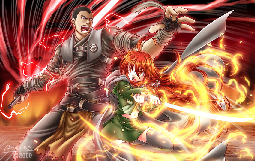 1girl alastor_(shakugan_no_shana) battle cape crossover duel energy_sword epic galen_marek highres jewelry lightsaber long_hair pendant red_eyes red_hair school_uniform shakugan_no_shana shana songwut_ouppakarndee star_wars star_wars:_the_force_unleashed sword thighhighs weapon