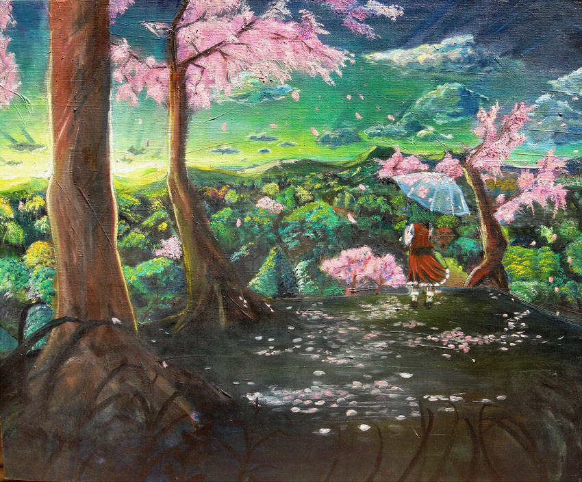 cherry_blossoms forest from_behind green_hair kazami_yuuka kenshin landscape mountain nature oil_painting_(medium) scenery short_hair skirt skirt_set solo sunrise touhou traditional_media tree umbrella vest