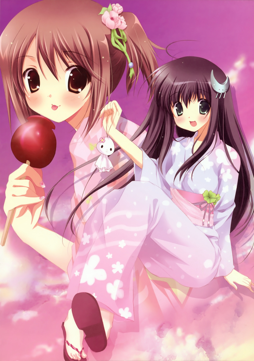 :d :p absurdres ahoge amesarasa black_hair blush brown_eyes brown_hair candy_apple chiyokawa_rin crescent crescent_hair_ornament floral_print flower food green_eyes hair_flower hair_ornament highres holding japanese_clothes kimono kumihama_mitsuha long_hair looking_at_viewer miyasaka_miyu multicolored multicolored_clothes multicolored_kimono multiple_girls nail_polish obi open_mouth pink_kimono pink_nails print_kimono sash side_ponytail sitting smile teruterubouzu tongue tongue_out very_long_hair yukata