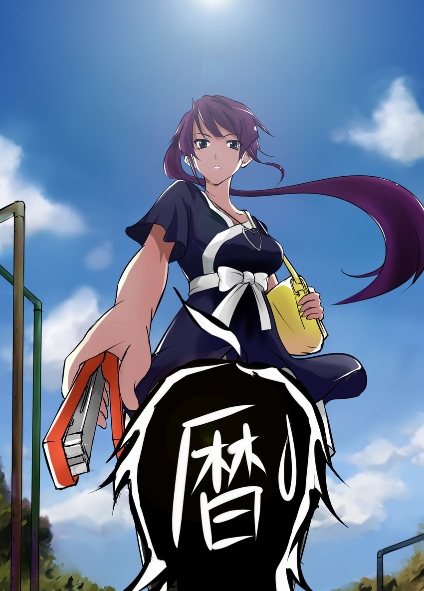 bag bakemonogatari blue_eyes cloud day firelain handbag highres jewelry long_hair monogatari_(series) necklace pantyhose ponytail purple_hair senjougahara_hitagi sky solo stapler sun