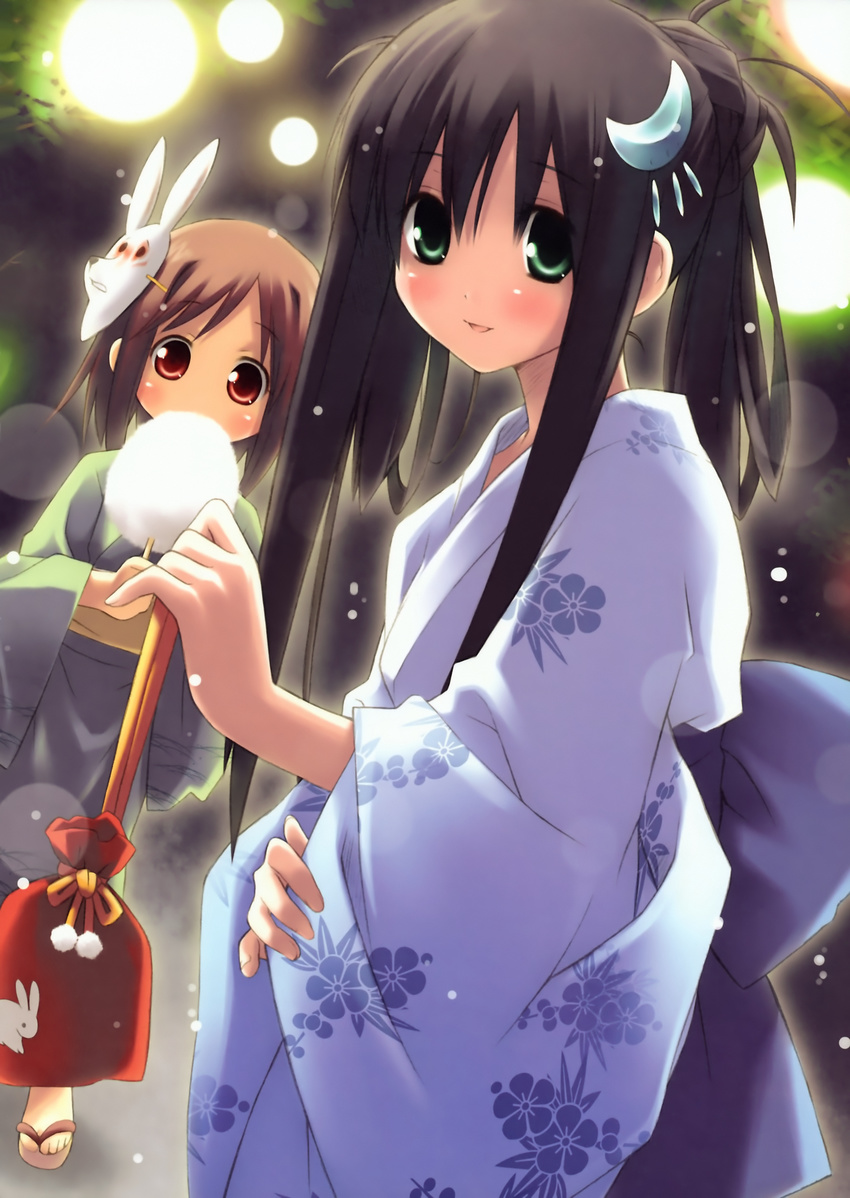 absurdres amesarasa black_hair brown_hair chiyokawa_rin eretto green_eyes hair_ornament highres japanese_clothes kimono mask multiple_girls red_eyes