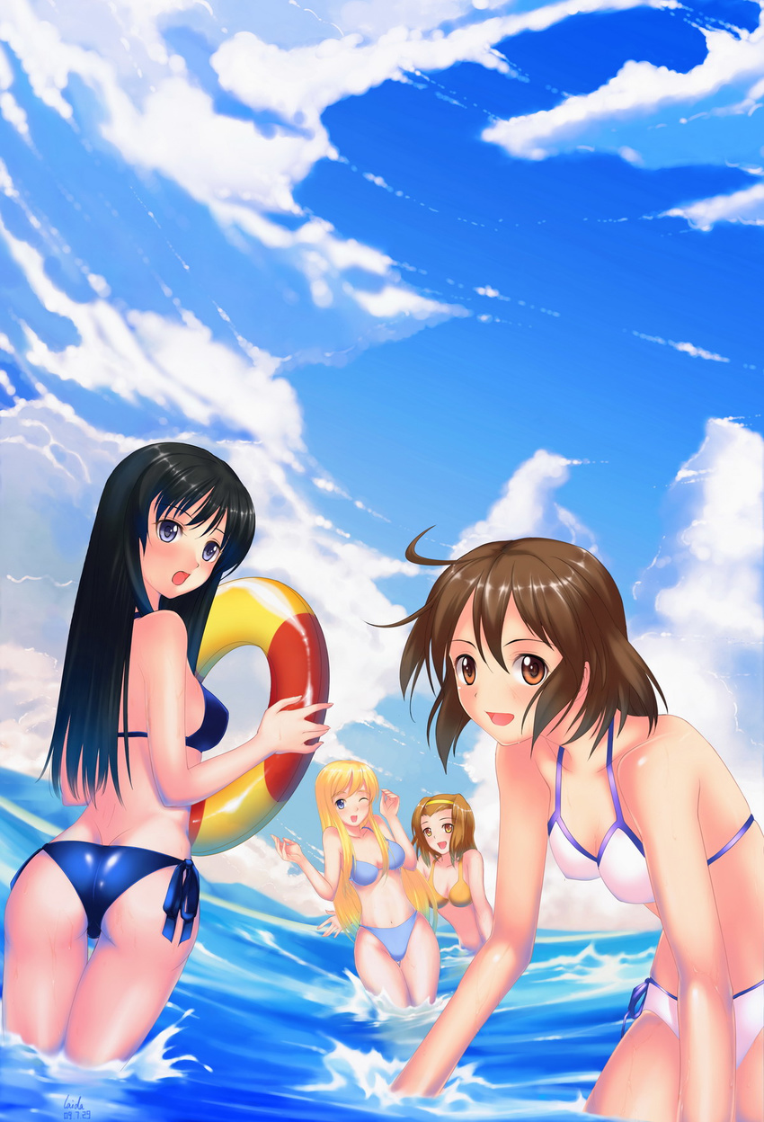 akiyama_mio bad_id bad_pixiv_id bikini black_hair blonde_hair blue_eyes brown_eyes brown_hair day highres hirasawa_yui k-on! kotobuki_tsumugi laida multiple_girls ocean one_eye_closed side-tie_bikini smile swimsuit tainaka_ritsu water