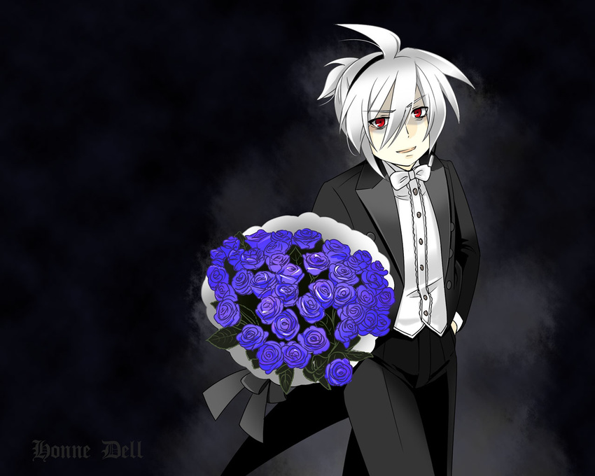 albino black caffein flower headphones honne_dell male_focus red_eyes rose silver_hair solo tuxedo vocaloid voyakiloid