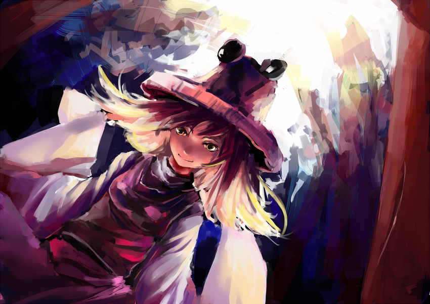 blonde_hair dutch_angle hat moriya_suwako relax_(artist) smirk solo touhou yellow_eyes