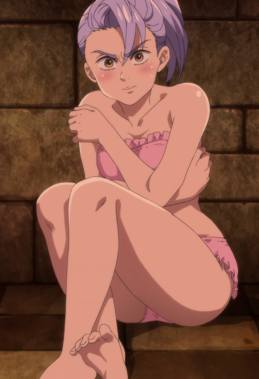 1girl bare_shoulders barefoot blush bra feet female jericho_(nanatsu_no_taizai) nanatsu_no_taizai panties pink_bra pink_panties screencap soles solo stitched underwear underwear_only