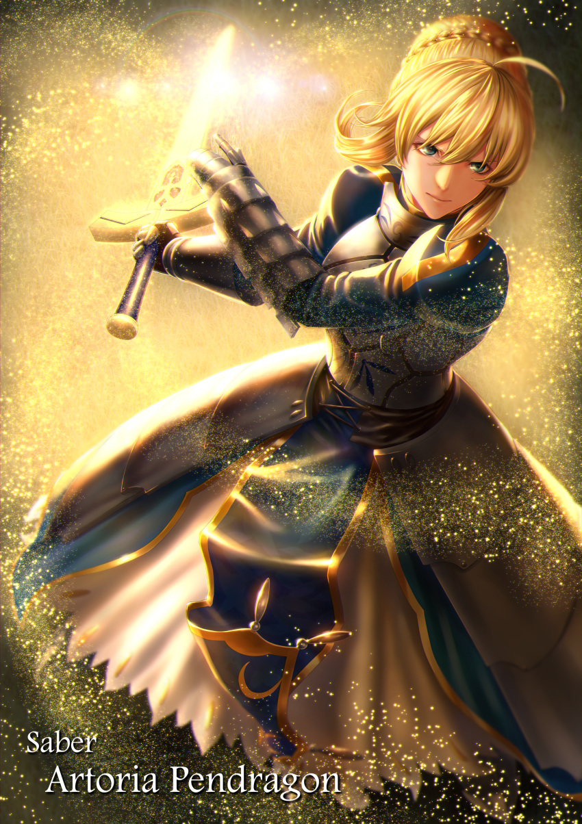 1girl absurdres ahoge armor armored_dress artoria_pendragon_(all) bangs blonde_hair braid breasts character_name charging_(attack) closed_mouth crown_braid dress excalibur fate/stay_night fate_(series) floating_hair gauntlets glowing green_eyes hair_between_eyes hair_ribbon highres light_particles looking_at_viewer mugetsu2501 ribbon saber saber_(weapon) serious sidelocks solo sword weapon