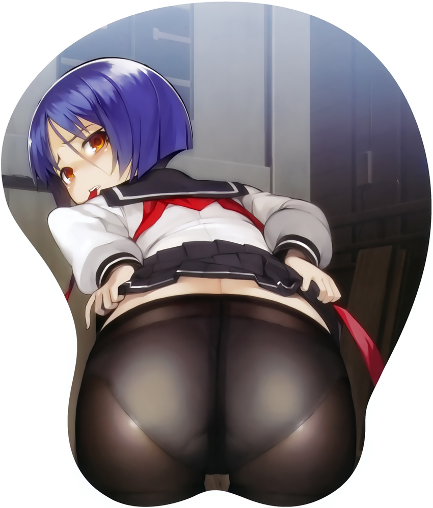 absurdres ass ass_mousepad ayane_ichijou black_legwear blue_hair crotch_seam from_behind hair_between_eyes highres lifted_by_self mousepad mouth_hold namaniku_atk orange_eyes panties panties_under_pantyhose pantyhose pleated_skirt ribbon ribbon_in_mouth scan school_uniform serafuku short_hair skirt skirt_lift solo soukou_akki_muramasa underwear white_panties