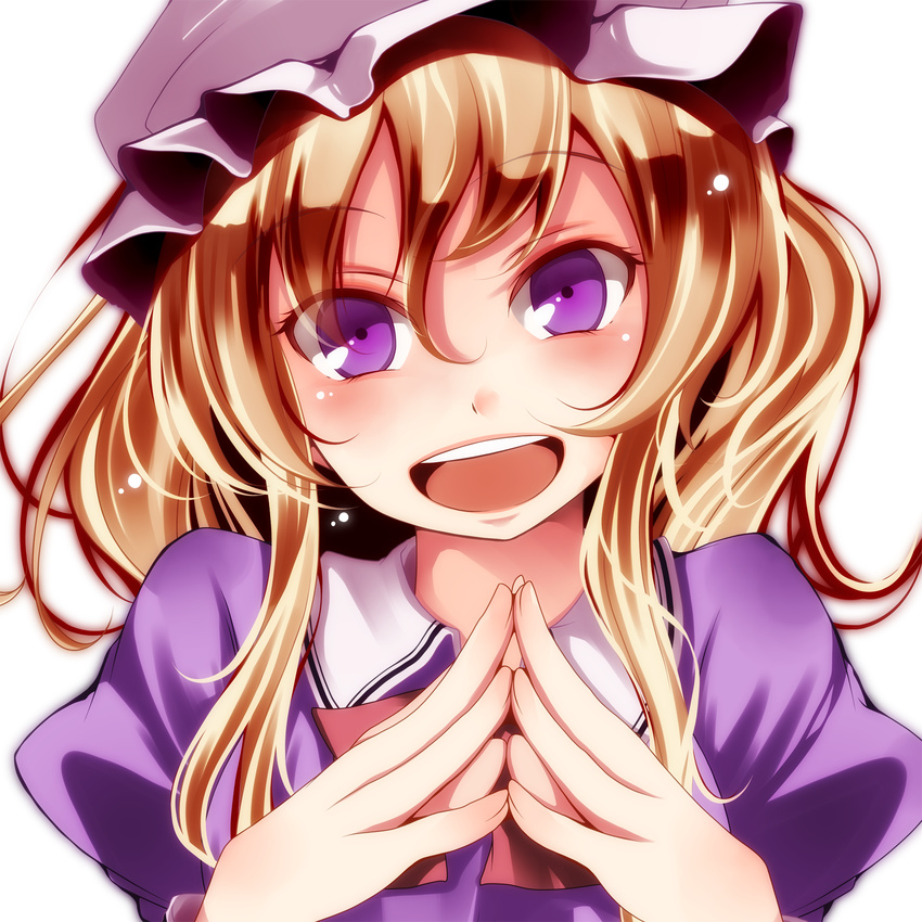 :d bad_id bad_pixiv_id blonde_hair blush fingers_together hat highres long_hair looking_at_viewer maribel_hearn mob_cap open_mouth puffy_sleeves purple_eyes s-syogo smile solo steepled_fingers touhou upper_body white_background