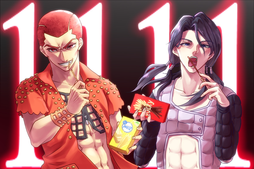 black_hair dated food formaggio illuso jojo_no_kimyou_na_bouken multiple_boys orange_hair pocky pocky_day pretz shakuyouka vest