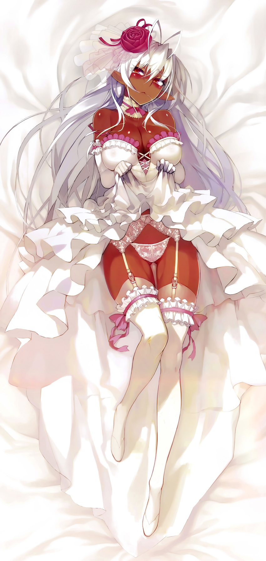 1girl :&lt; absurdres antenna_hair blush breasts brown_eyes choker cleavage dakimakura dark_skin dress dress_lift elbow_gloves flower full_body full_metal_daemon_muramasa garter_belt garter_straps garters gloves hair_between_eyes hair_flower hair_ornament highres huge_filesize incredibly_absurdres lace_panties large_breasts long_hair long_image looking_at_viewer lying namaniku_atk on_bed panties pointy_ears sansei_muramasa solo soukou_akki_muramasa tall_image thighhighs underwear very_long_hair wedding_dress white_dress white_gloves white_hair white_legwear white_panties