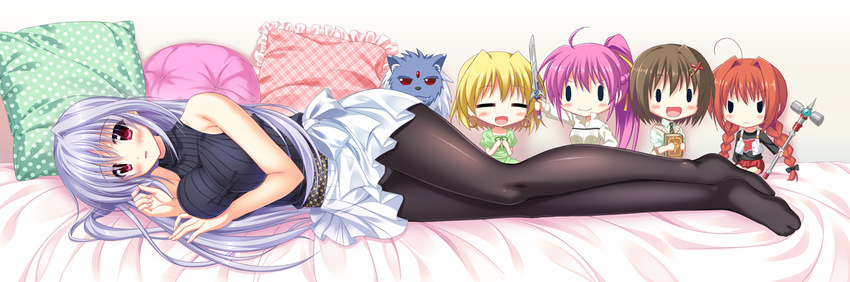 :d =_= bed_sheet black_legwear blush breasts character_doll endori graf_eisen hair_ornament large_breasts lavender_hair levantine long_hair looking_at_viewer lying lyrical_nanoha mahou_shoujo_lyrical_nanoha_innocent on_side open_mouth panties panties_under_pantyhose pantyhose pillow red_eyes red_hair reinforce ribbed_sweater shamal signum sleeveless sleeveless_turtleneck smile solo sweater turtleneck underwear very_long_hair vita x_hair_ornament yagami_hayate zafira