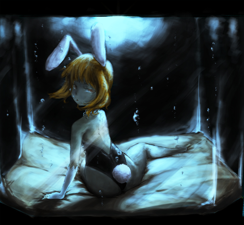 1girl animal_ears bdsm blonde_hair bubble bubbles bunny_ears bunny_girl bunny_tail bunnysuit chains collar gloves highres leash rou271 rou_(artist) tail underwater yellow_eyes