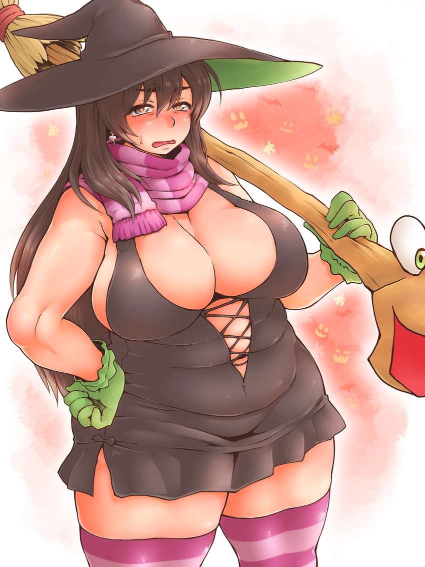 banjo-kazooie belly blush breasts broom brown_hair cleavage cookie_(touhou) costume dress earrings embarrassed eyebrows fat fat_folds gloves gruntilda_winkybunion hat highres huge_breasts jewelry kanna_(cookie) long_hair looking_at_viewer original red_eyes scarf solo striped striped_legwear sweatdrop thick_eyebrows thick_thighs thighhighs thighs tobatoinu wide_hips witch witch_hat