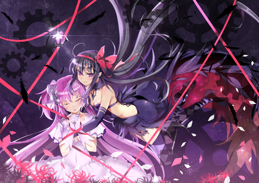 absurdres akemi_homura akuma_homura argyle argyle_legwear bare_shoulders black_dress black_gloves black_hair blush bow closed_eyes covered_navel dark_orb_(madoka_magica) dress elbow_gloves feathers flower gears gloves hair_bow hairband hands_clasped highres hoony kaname_madoka long_hair looking_at_viewer mahou_shoujo_madoka_magica mahou_shoujo_madoka_magica_movie multiple_girls own_hands_together pink_dress pink_eyes pink_gloves pink_hair red_hairband smile spider_lily spoilers tears thighhighs two_side_up ultimate_madoka very_long_hair yuri