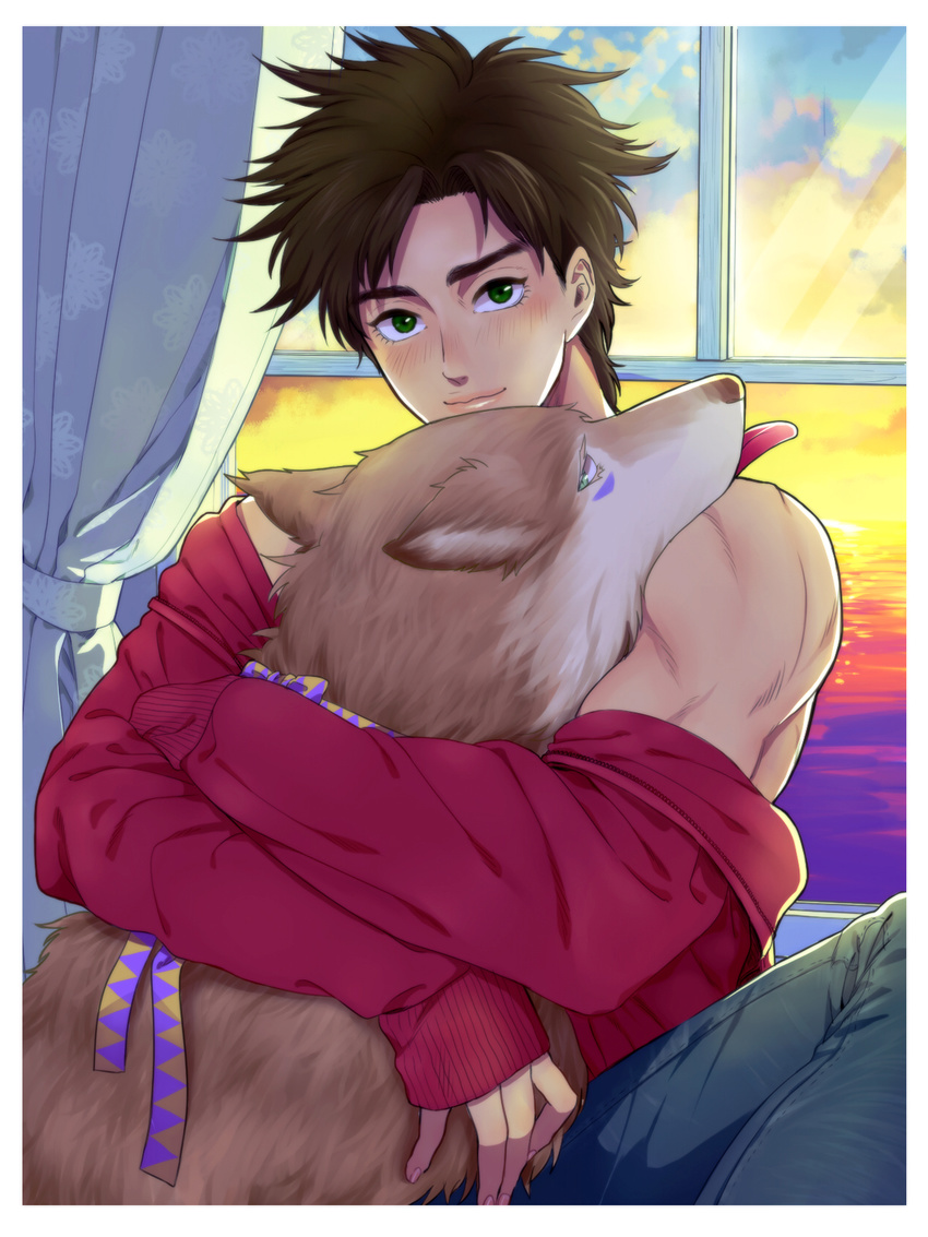 airam animalization bad_id bad_pixiv_id blush brown_hair caesar_anthonio_zeppeli dog facial_mark green_eyes highres jojo_no_kimyou_na_bouken joseph_joestar_(young) lips ribbon sweater window