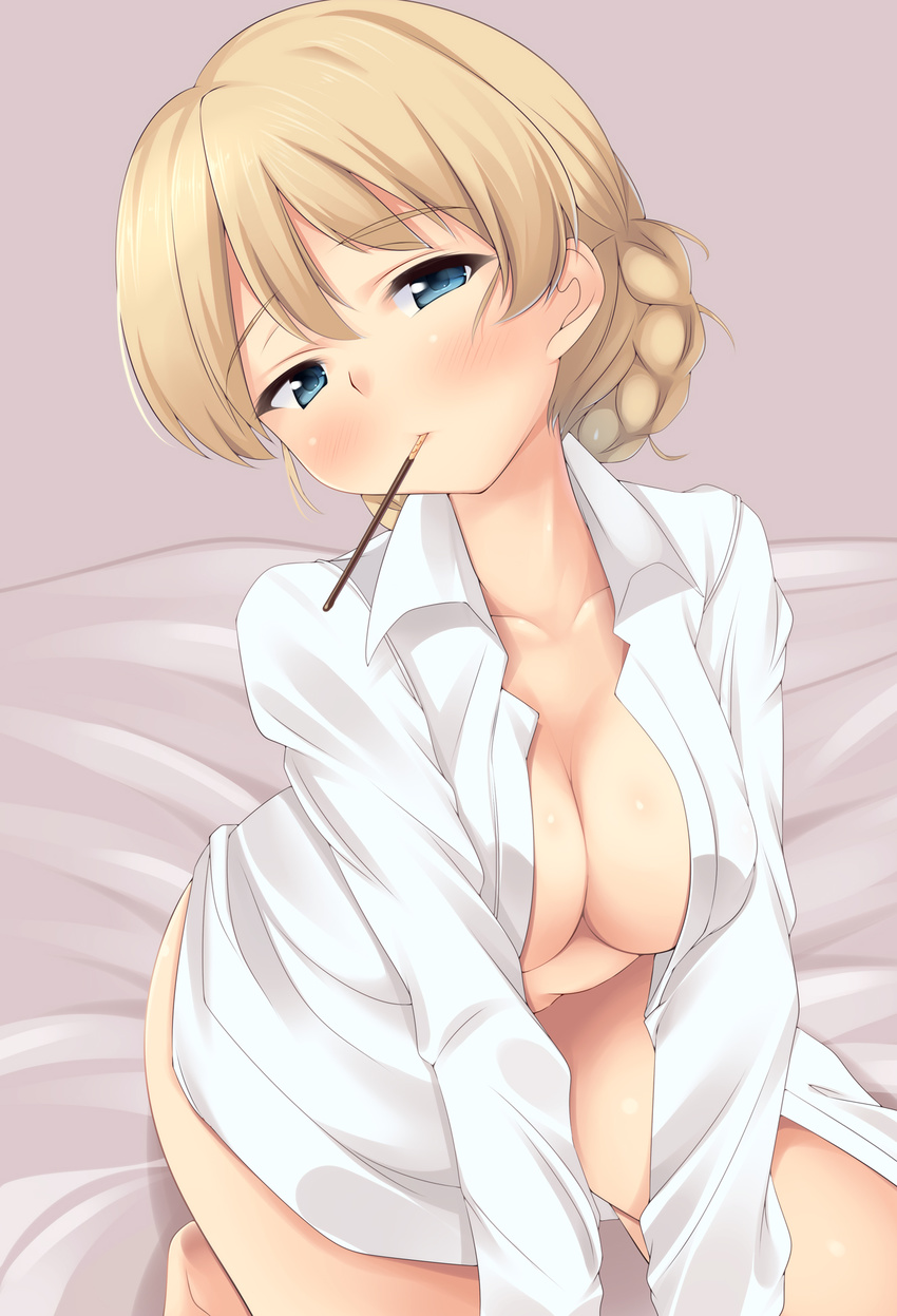 bad_id bad_pixiv_id blonde_hair blue_eyes blush breasts cleavage darjeeling dress_shirt food food_in_mouth girls_und_panzer hair_bun highres kneeling large_breasts long_sleeves mouth_hold naked_shirt nksk on_bed open_clothes open_shirt pocky seiza shirt sitting sitting_on_bed solo