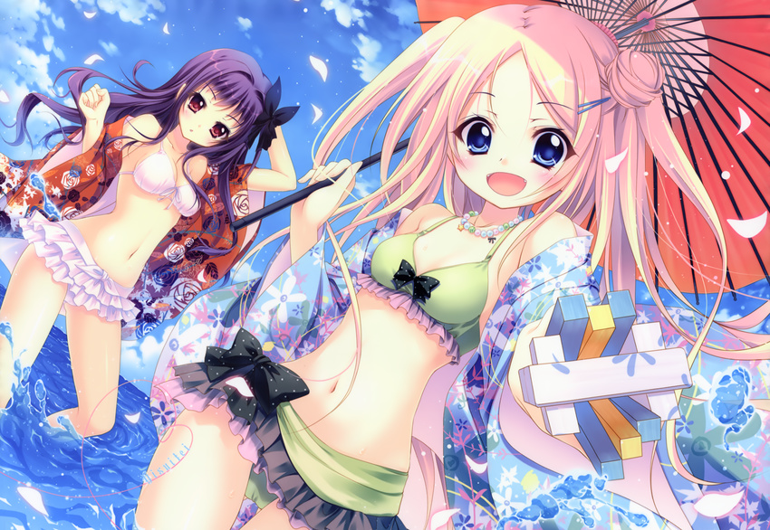 :d absurdres bare_shoulders bikini bikini_skirt blonde_hair blue_eyes blue_sky breasts cleavage collarbone day double_bun fangs frilled_bikini frills green_bikini hana_n_fountainstand hanayamata highres huge_filesize izumi_tsubasu jewelry layered_skirt looking_at_viewer medium_breasts midriff multiple_girls naruko_(instrument) navel necklace ocean open_mouth outdoors parasol pearl_necklace purple_hair red_eyes sasame_yaya skirt sky small_breasts smile standing swimsuit umbrella wading water white_bikini white_skirt