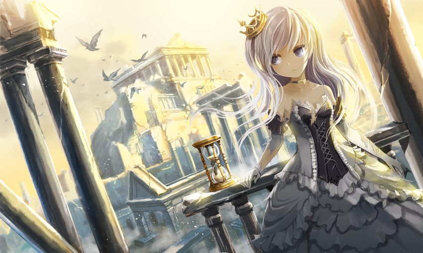 animal bird building choker column crown dress dutch_angle elbow_gloves gloves grey_eyes highres hourglass original pillar ume_(illegal_bible) white_hair