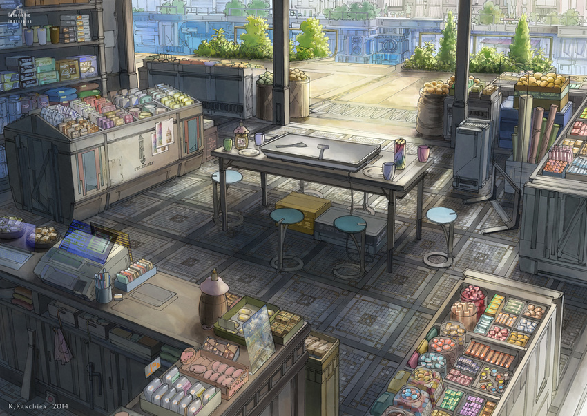 cash_register food griddle k_kanehira no_humans original pen ruler scenery shop stool storefront