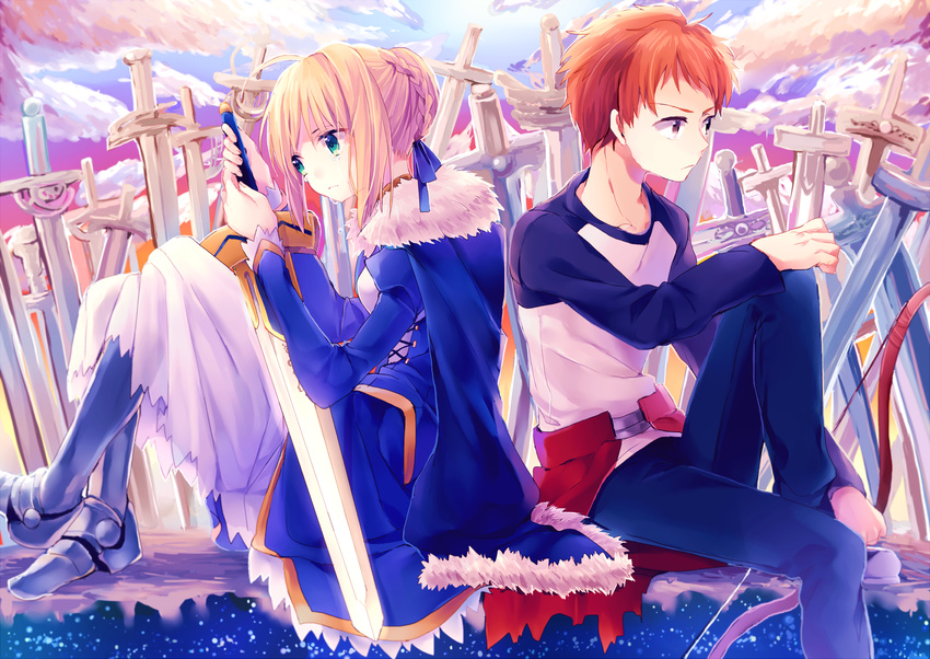 1girl artoria_pendragon_(all) bcoca blonde_hair bow_(weapon) dress emiya_shirou excalibur fate/stay_night fate_(series) field_of_blades greaves highres orange_hair planted_weapon raglan_sleeves saber weapon