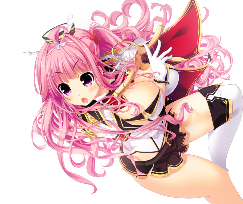 1girl between_breasts blush bouncing_breasts breasts cape cleavage demon_busters game_cg gloves hat highres hinata_ai huge_breasts itou_life legs long_hair looking_away open_mouth pink_eyes pink_hair simple_background skirt solo standing sword thighs weapon white_legwear