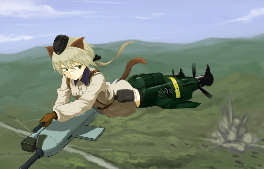 animal_ears bad_id bad_pixiv_id belt black_ribbon blonde_hair brown_gloves cloud day explosion facial_scar flying garrison_cap gloves green_eyes hair_ribbon hanna_rudel hat hill holding jacket long_hair long_sleeves military military_uniform neuroi nose_scar ponytail ribbon river scar shiratama_(hockey) sky solo striker_unit tail uniform wolf_ears wolf_tail world_witches_series
