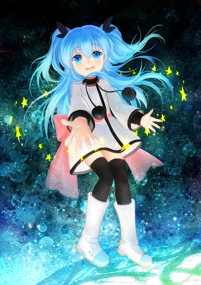 black_legwear blue_eyes blue_hair blush boots dress highres huazha01 long_hair long_sleeves looking_at_viewer noel_(sora_no_method) open_mouth smile solo sora_no_method star thighhighs two_side_up white_dress