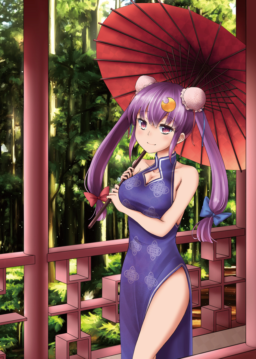 absurdres alternate_costume alternate_hairstyle bare_shoulders breasts bun_cover china_dress chinese_clothes cleavage crescent crescent_hair_ornament dress hair_ornament hair_ribbon highres large_breasts oriental_umbrella orinpachu patchouli_knowledge purple_eyes purple_hair ribbon smile solo touhou tree twintails umbrella