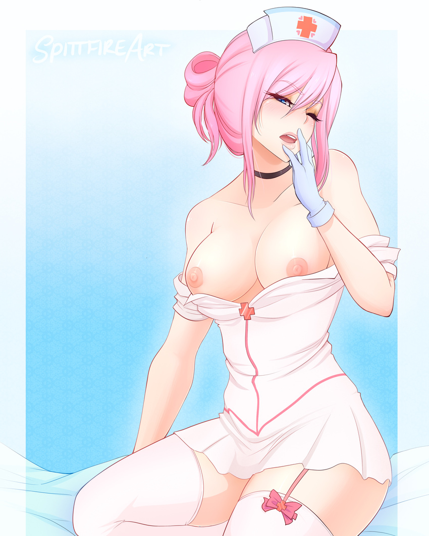 1girl amanda_evelyn_earl areolae bare_shoulders blue_eyes blush breasts clothes gloves highres medium_breasts my_little_pony nipples nurse nurse_redheart pink_hair ribbon solo spittfireart