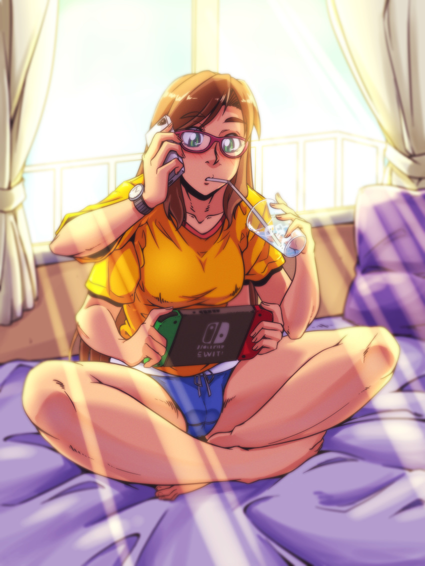 bed blush cellphone collarbone drinking extra_arms feet gammatelier glasses green_eyes multi_limb multitasking nintendo_switch phone tagme watch