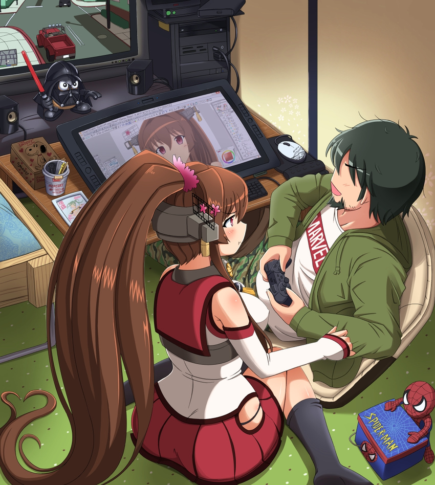 1girl adobe_photoshop artist_self-insert bad_id bad_pixiv_id banned_artist black_hair brown_hair commentary_request controller darth_vader detached_sleeves dualshock game_console game_controller gamepad grand_theft_auto_v hair_ornament highres kantai_collection long_hair marvel peanuts playing_games playstation ponytail pout red_eyes shin'en-san shin'en_(gyokuro_company) short_hair single_thighhigh sitting snoopy spider-man spider-man_(series) star_wars thighhighs trevor_philips very_long_hair wariza yamato_(kantai_collection)