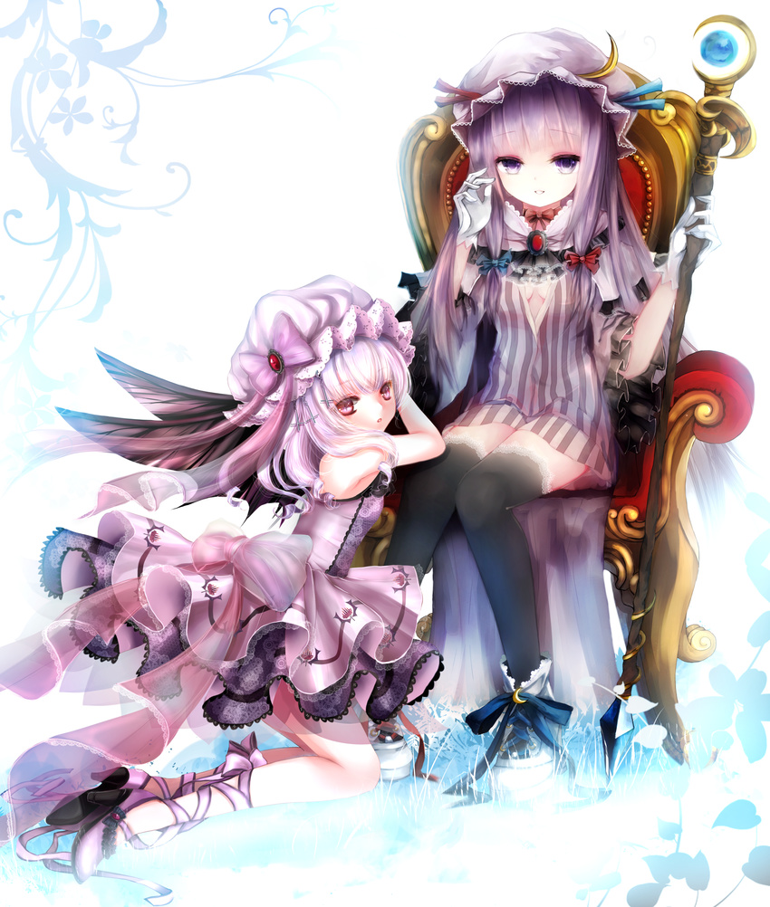ascot bad_id bad_pixiv_id bare_shoulders basilis9 bat_wings boots bow chair cleavage_cutout crescent dress hair_ribbon hat hat_bow hat_ribbon highres leg_ribbon long_hair multiple_girls patchouli_knowledge purple_eyes purple_hair red_eyes remilia_scarlet ribbon shoes sitting sleeveless sleeveless_dress slit_pupils stick striped striped_dress thighhighs touhou white_background wings