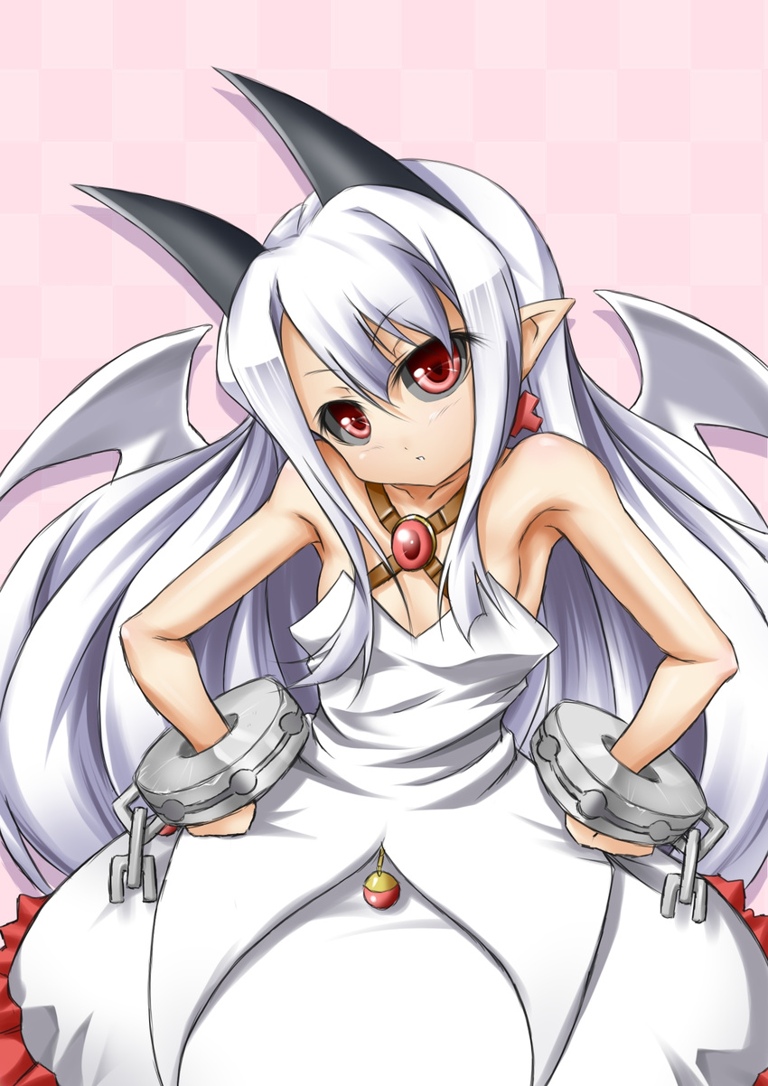 albino armpits black_sclera checkered checkered_background cuffs demon_girl dress earrings hands_on_hips highres horns jewelry long_hair phantom_kingdom pink_background pointy_ears pram red_eyes roura shackles solo white_dress white_hair