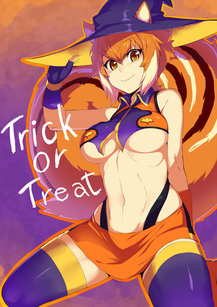 absurdres adapted_costume adjusting_clothes adjusting_hat animal_ears bare_shoulders blazblue boots breasts brown_eyes brown_hair fingerless_gloves gloves halloween hat highleg highleg_panties highres large_breasts looking_at_viewer makoto_nanaya miniskirt multicolored_hair navel orange_skirt panties purinnssu purple_gloves revealing_clothes short_hair sitting skirt smile solo squirrel_ears squirrel_tail tail thighhighs trick_or_treat two-tone_hair underboob underwear wariza witch_hat