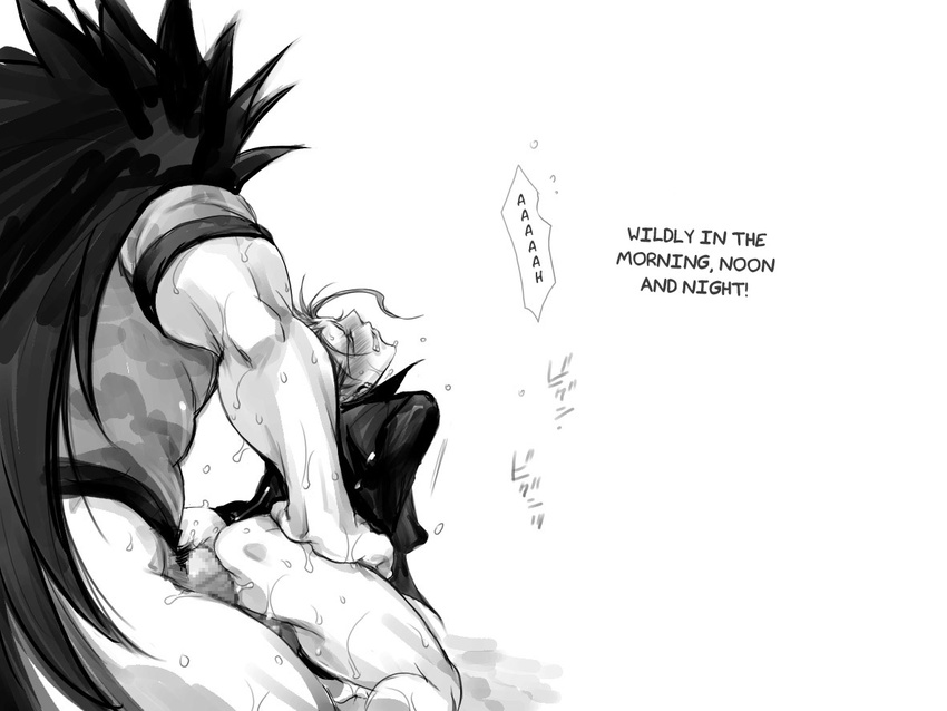 2boys anal ass blush bottomless erection eyes_closed eyeshield_21 from_behind harikonotora huge_penis large_insertion male_focus marco_reiji monochrome multiple_boys open_clothes open_shirt penis set shirt size_difference sweat tears translated yaoi