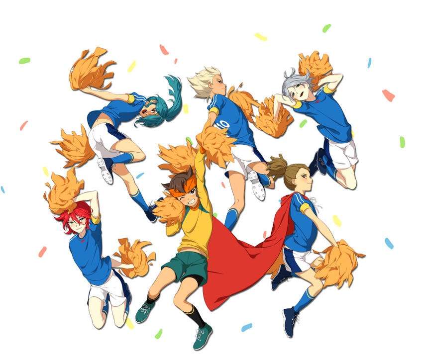 aqua_eyes aqua_hair bad_id bad_pixiv_id brown_hair cape endou_mamoru fubuki_shirou goalkeeper gouenji_shuuya grey_hair grin hair_over_one_eye headband inazuma_eleven inazuma_eleven_(series) inazuma_japan inja kazemaru_ichirouta kidou_yuuto kiyama_hiroto long_hair looking_at_viewer looking_back male_focus multiple_boys one_eye_closed open_mouth pom_poms ponytail red_hair smile soccer_uniform sportswear