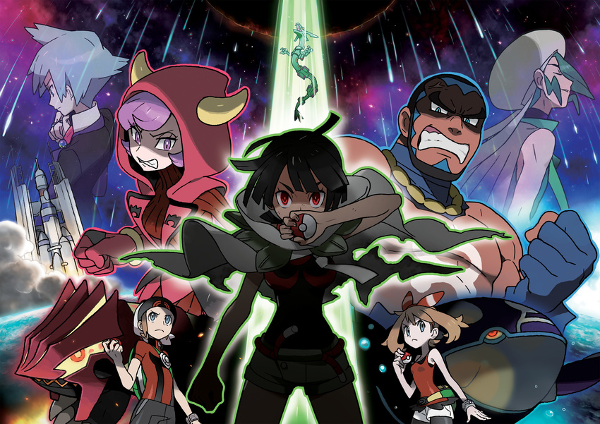 3girls 4boys absurdres angry backpack bag bandanna beret bike_shorts black_hair blue_eyes blue_hair bracelet brown_hair cape covering_mouth dark_skin earth epic eyes_closed fake_horns fanny_pack gloves glowing glowing_eyes green_hair groudon haruka_(pokemon) haruka_(pokemon)_(remake) hat higana_(pokemon) highres holding holding_poke_ball hood hooded_jacket hoodie jacket jewelry kagari_(pokemon) kagari_(pokemon)_(remake) kyogre lava light_smile mega_pokemon meteor meteor_shower mikuri_(pokemon) molten_rock multiple_boys multiple_girls muscle official_art official_artwork poke_ball pokemon pokemon_(game) pokemon_oras primal_groudon primal_kyogre purple_eyes purple_hair rayquaza red_eyes rocket_ship serious shirt short_hair shorts silver_hair sleeveless sleeveless_shirt space space_craft spaceship star star_(sky) stars sugimori_ken team_aqua team_magma thinking tsuwabuki_daigo ushio_(pokemon) ushio_(pokemon)_(remake) water yuuki_(pokemon) yuuki_(pokemon)_(remake)