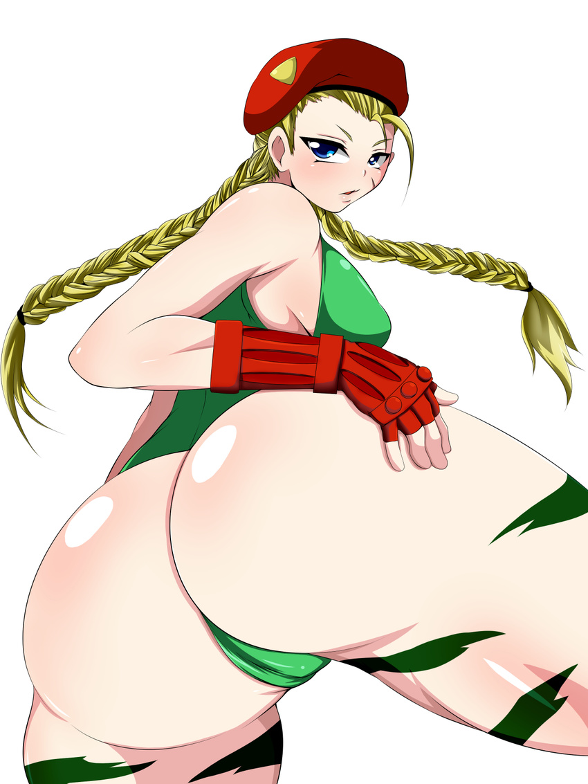 1girl ahoge ass bare_shoulders beret blonde_hair blue_eyes blush braid breasts cammy_white capcom fingerless_gloves from_behind gauntlets gloves hairline hat highleg highleg_leotard huge_ahoge huge_ass large_breasts leotard long_hair looking_back parted_lips revolve scar shiny shiny_skin solo street_fighter street_fighter_ii thick_thighs thighs thong thong_leotard twin_braids wide_hips