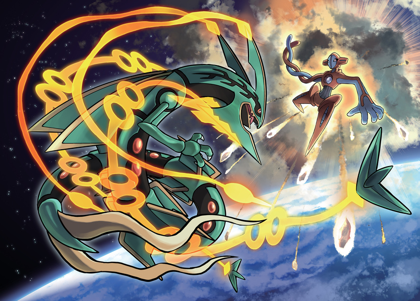 absurdres asteroid deoxys earth explosion highres mega_pokemon mega_rayquaza official_art pokemon pokemon_(game) pokemon_oras rayquaza space sugimori_ken