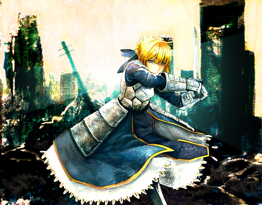 ahoge armor armored_dress artoria_pendragon_(all) blonde_hair blue_eyes dress fate/stay_night fate_(series) faulds kinoto_(ruindivinity) saber solo sword weapon