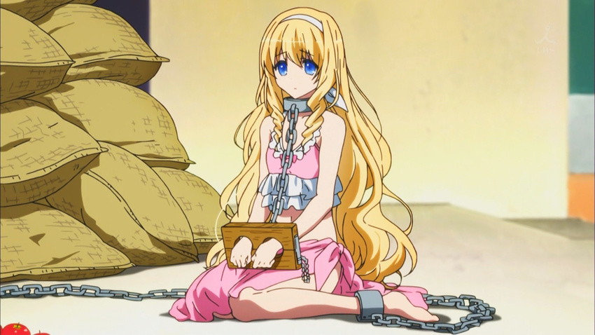 1girl amagi_brilliant_park barefoot bdsm bikini blonde_hair blue_eyes bondage bound chains collar drill_hair highres kyoto_animation latifa_fleuranza legs long_hair screencap sitting slave solo stocks swimsuit thighs very_long_hair wariza