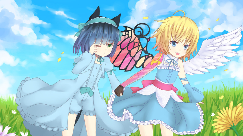 1girl ahoge angel angel_wings animal_ears asymmetrical_wings blonde_hair blue_eyes blue_hair borrowed_character cassie_(acerailgun) cat_ears cat_tail cloud cloudy_sky cyborg day detached_sleeves dress feathered_wings flat_chest flower frilled_dress frills grass green_eyes hairband holding_hands kiki_(tsunya) mechanical_arm mechanical_wings one_eye_closed original otoko_no_ko outdoors petals ryoune_yami sky tail wings