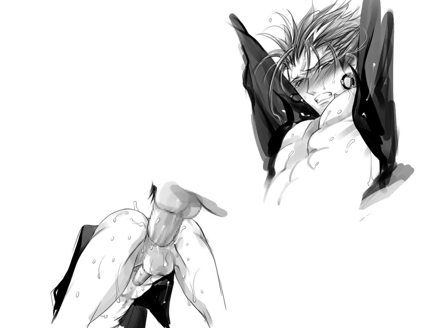 2boys anal ass blush bottomless erection eyeshield_21 from_behind harikonotora huge_penis large_insertion male_focus marco_reiji monochrome multiple_boys open_clothes open_shirt penis set shirt size_difference sweat tears translated yaoi