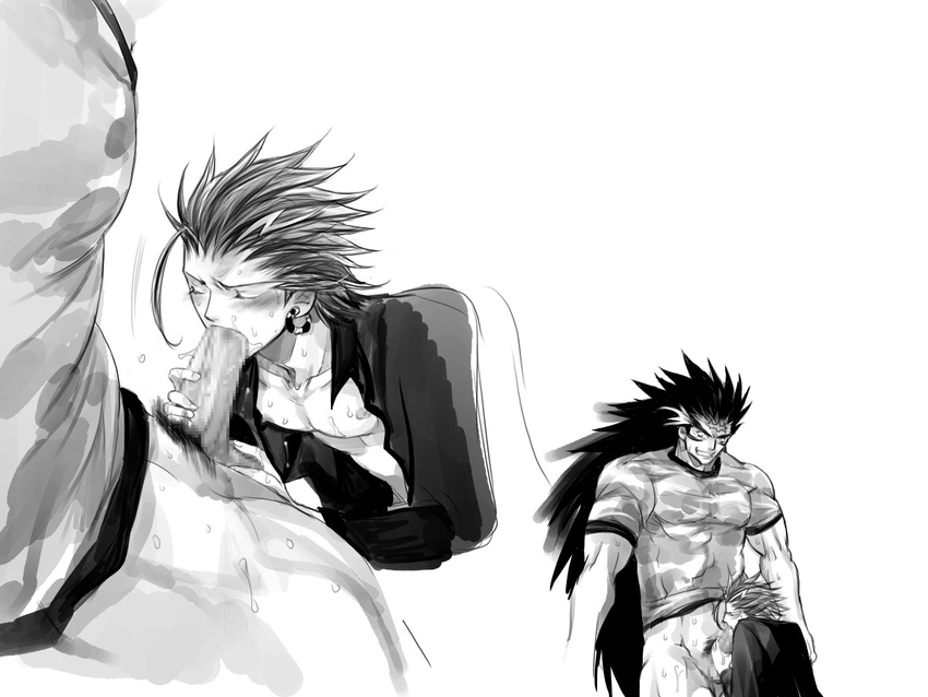 2boys blush bottomless earrings erection eyes_closed eyeshield_21 fellatio gaou_rikiya harikonotora huge_penis jewelry long_hair male_focus marco_reiji monochrome multiple_boys nipples open_clothes open_shirt oral penis saliva set shirt size_difference standing sweat translated very_long_hair yaoi