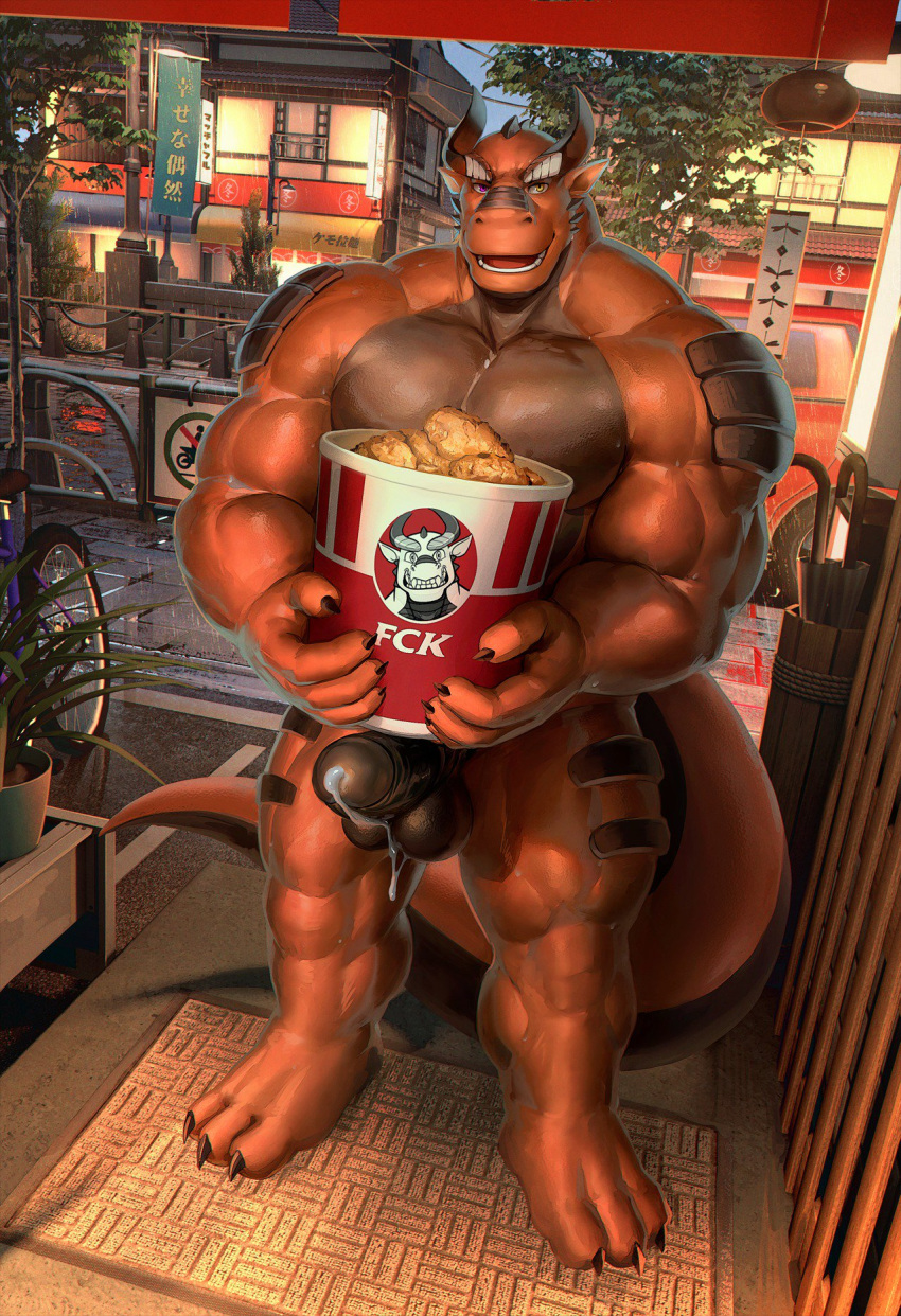 &lt;3 3_toes amazing_background anthro balls biceps claws cum cum_drip cum_on_balls cum_on_penis detailed_background dragon dripping erection food fried_chicken glans heterochromia horn humanoid_penis japanese_text kfc looking_at_viewer male muscular muscular_male nude pecs penis plantigrade precum raining red_eyes retracted_foreskin scalie solo takahirosi text toe_claws toes uncut yellow_eyes