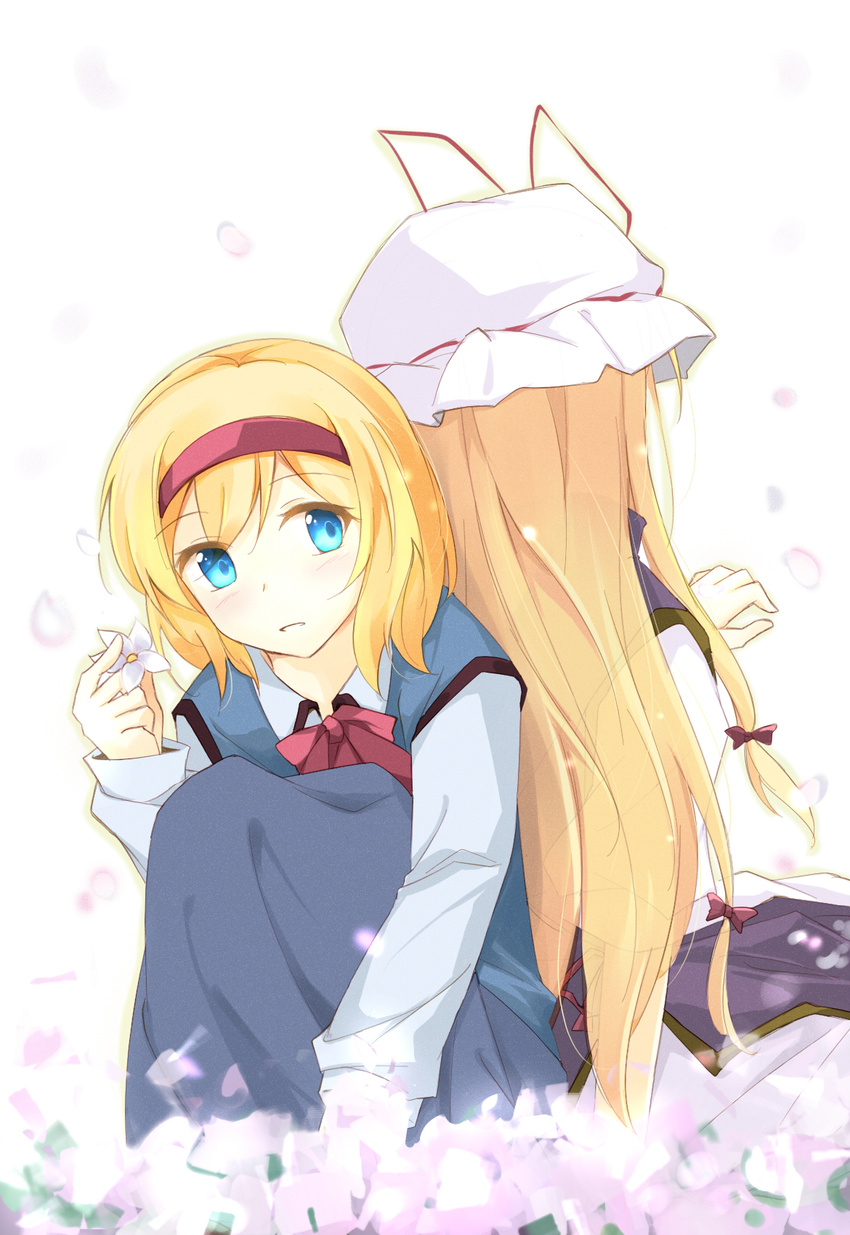 alice_margatroid back-to-back blonde_hair blue_eyes blue_skirt blush bow bowtie collared_shirt dress eyes_visible_through_hair facing_away faech flower hair_bow hairband hand_up hat hat_ribbon highres holding holding_flower knees_to_chest long_hair long_skirt long_sleeves looking_to_the_side mob_cap multiple_girls petals ribbon see-through shirt short_hair simple_background sitting skirt tabard touhou vest white_background white_dress yakumo_yukari