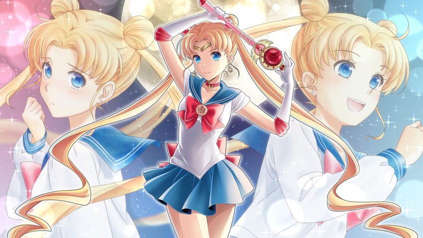 asami_(undoundo) back_bow bishoujo_senshi_sailor_moon blonde_hair blue_eyes blue_sailor_collar blue_skirt bow brooch choker cutie_moon_rod double_bun earrings elbow_gloves full_moon gloves hair_ornament hairpin highres holding holding_wand jewelry juuban_middle_school_uniform long_hair magical_girl moon multiple_girls multiple_persona multiple_views pleated_skirt red_bow red_choker ribbon sailor_collar sailor_moon sailor_senshi_uniform school_uniform serafuku skirt smile tiara tsukino_usagi twintails wand white_gloves